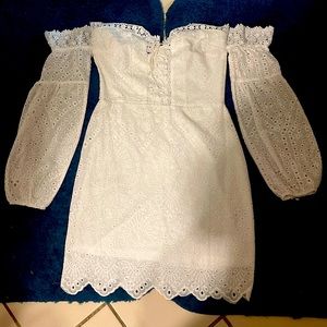 White laced shirt dress, off the shoulder long lace sleeves, tie in front